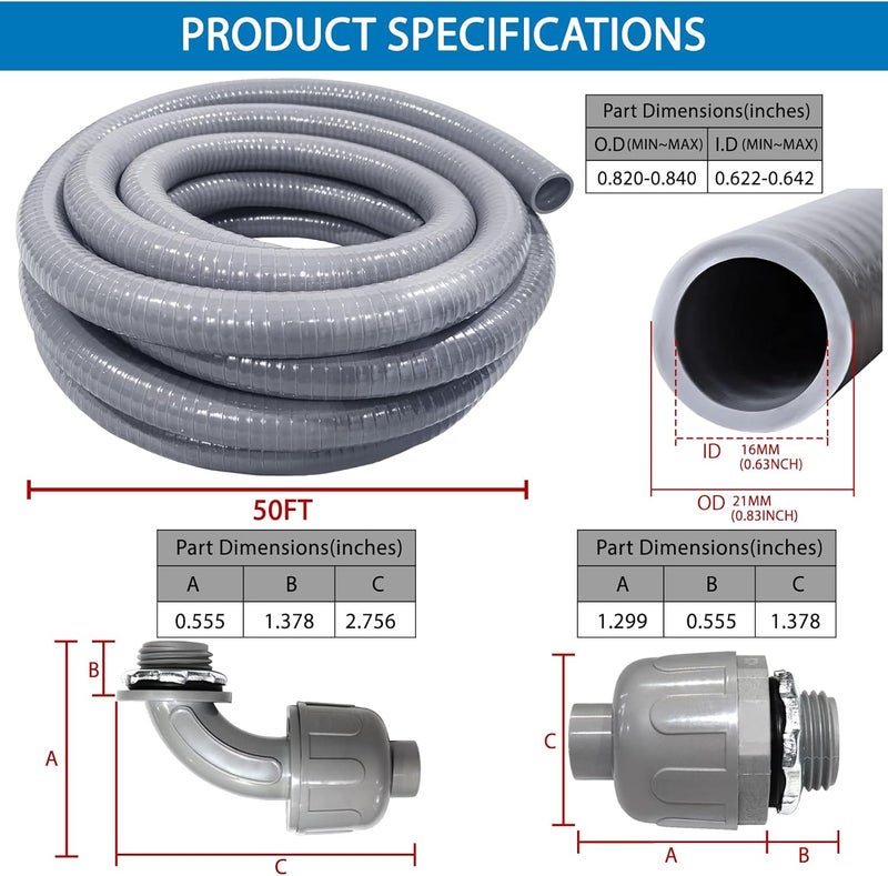 Ansgery Liquid-Tight Conduit 50 ft and 8 Pieces of Connector Kit,Electrical Conduit 1/2 Flexible Non Metallic Conduit UL Certification,Flexible Conduit with 5 Straight and 3 Degree Conduit Connector Fittings - Image 2